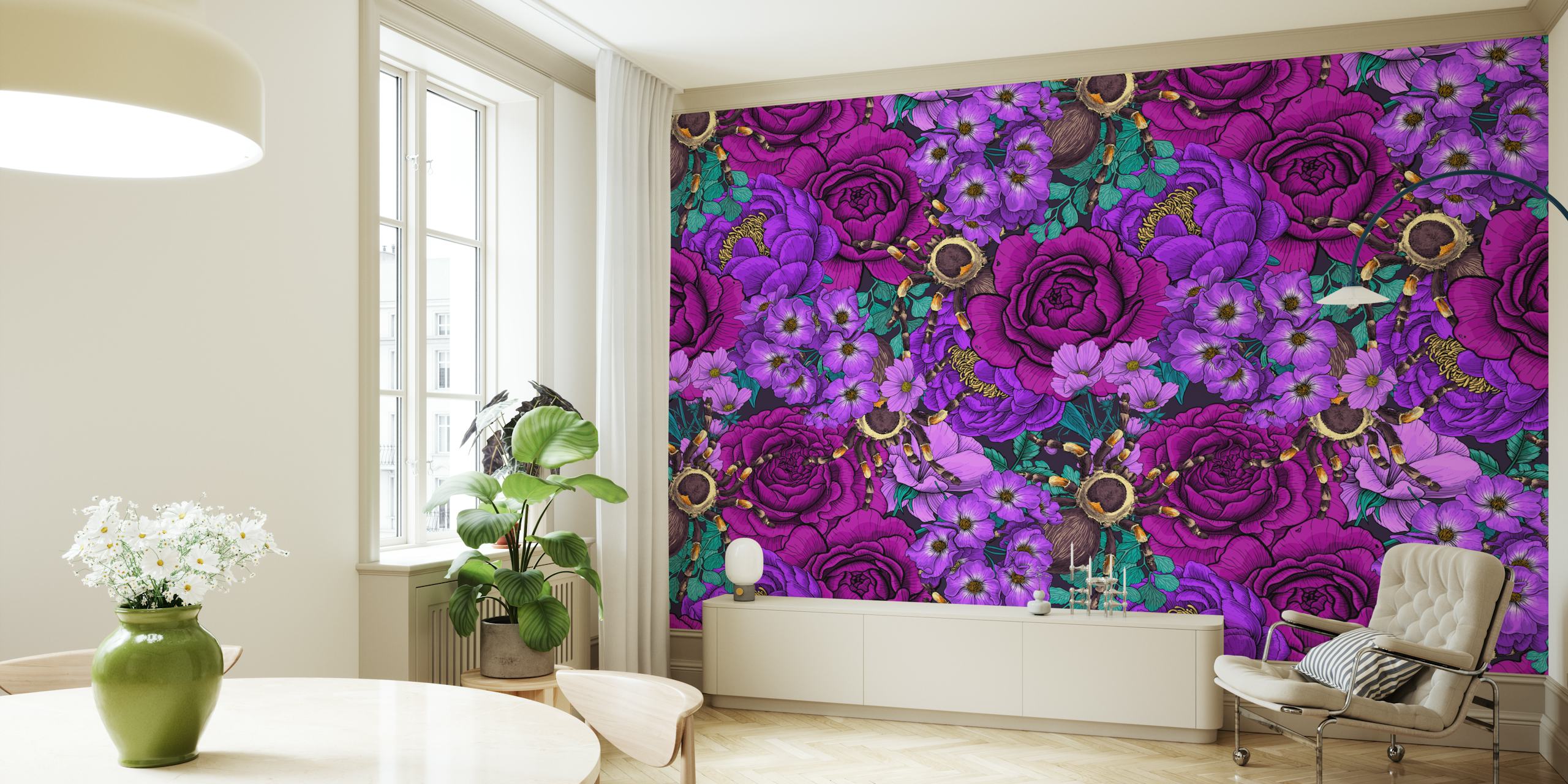 Purple flowers and spiders create a vibrant floral wallpaper design.